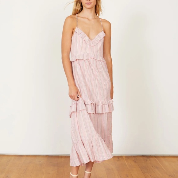 NWT Caballero Nicole Maxi Dress in Rose Stripe Ruffle Details Size Small - Picture 1 of 15